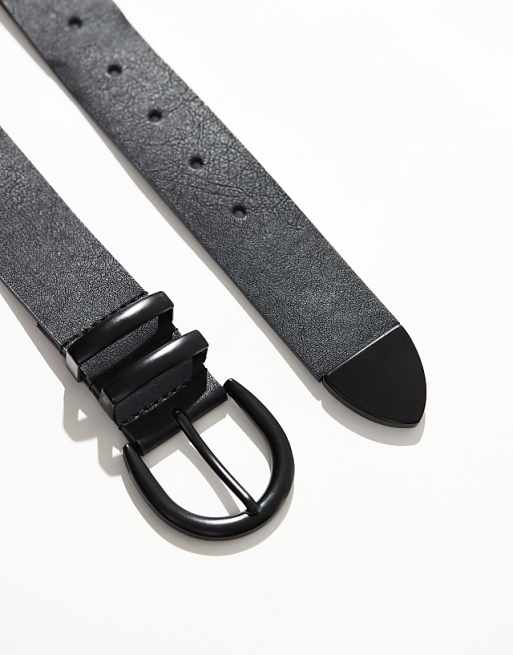 Asos Design Double Keeper Buckle Belt In Black Faux Leather