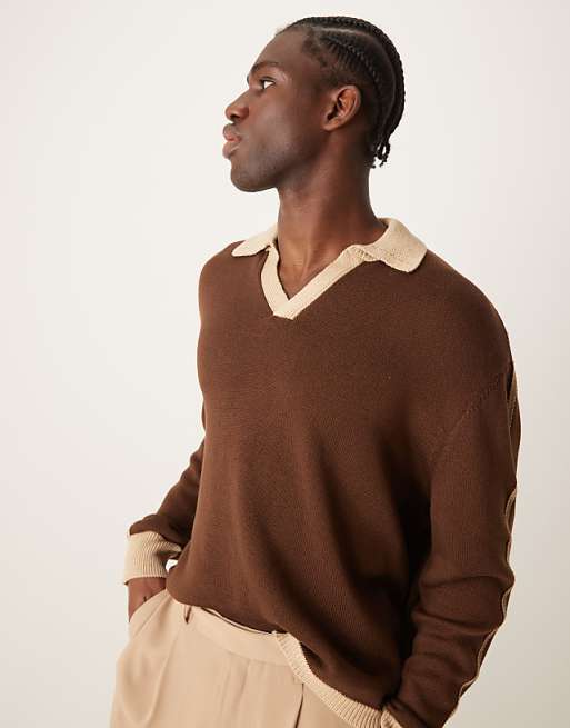 Asos Design Cotton Blend Knit Sweater With Contrast Collar And Cuffs In Beige And Brown