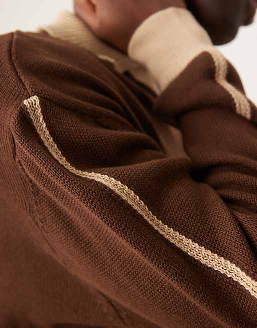 Asos Design Cotton Blend Knit Sweater With Contrast Collar And Cuffs In Beige And Brown