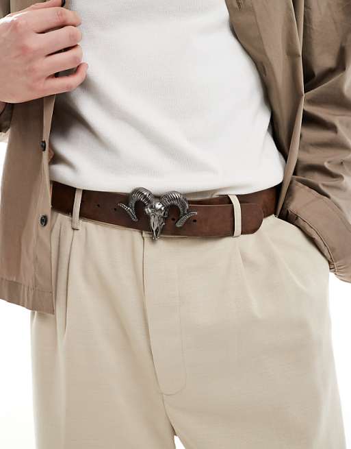 Asos Design Rams Head Buckle Belt In Washed Dark Brown Faux Leather