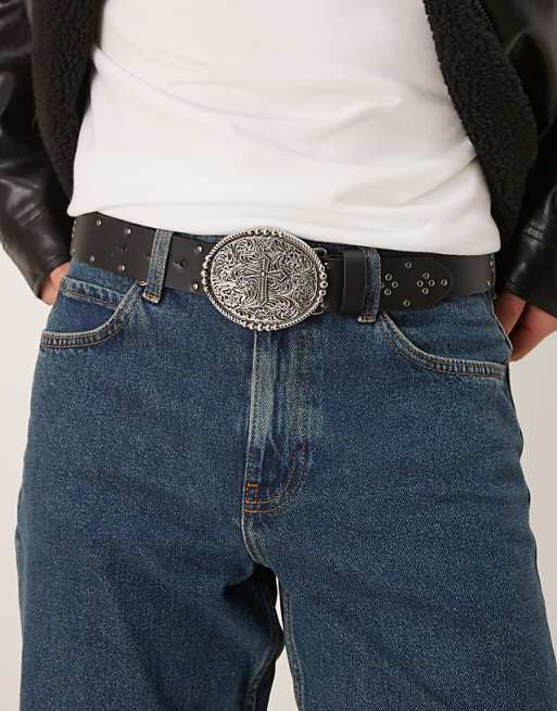 ASOS DESIGN cross statement buckle belt in black