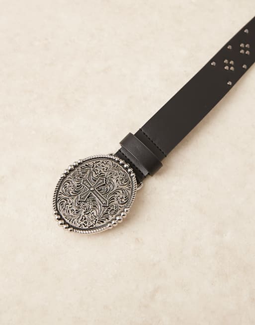 ASOS DESIGN cross statement buckle belt in black
