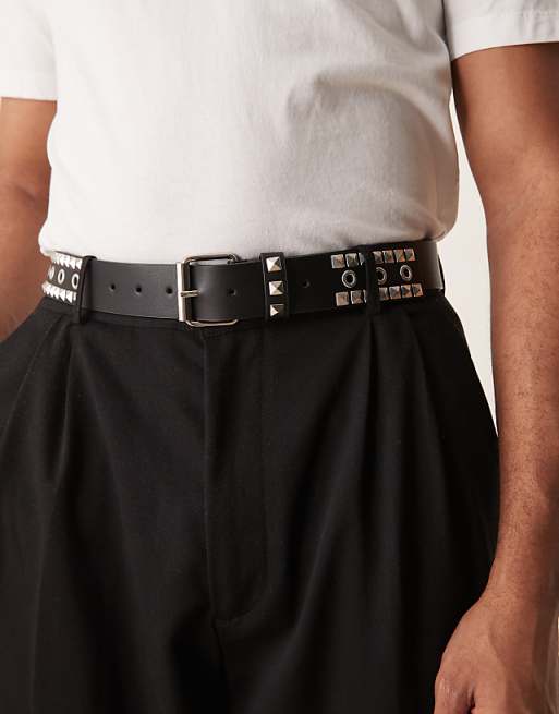 Asos Design Belt With Grommets And Studs In Black Faux Leather