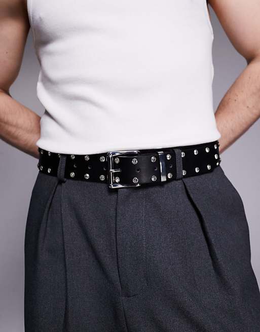 Asos Design Crystal Studded Belt In Black Faux Leather