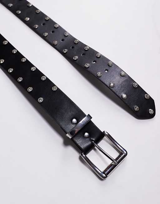 Asos Design Crystal Studded Belt In Black Faux Leather