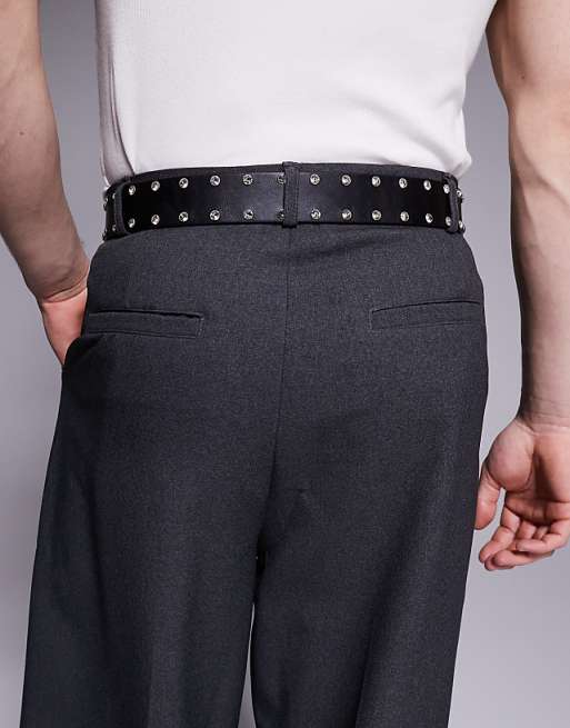 Asos Design Crystal Studded Belt In Black Faux Leather