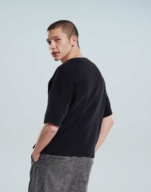 Asos Design Relaxed Knitted Sweaters With Rib Panel In Black