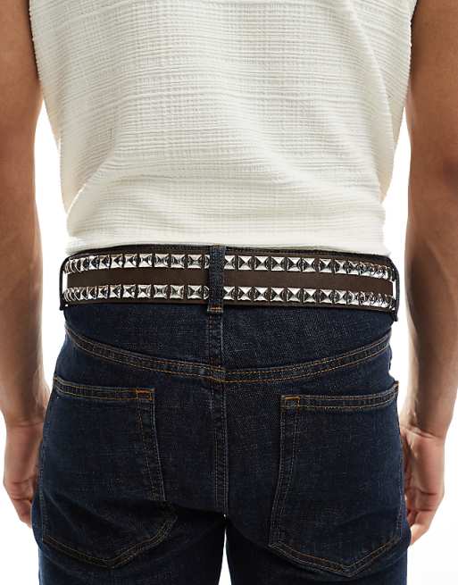 Asos Design Studded Belt In Brown Faux Leather
