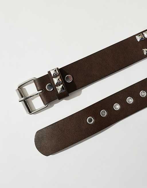 Asos Design Studded Belt In Brown Faux Leather