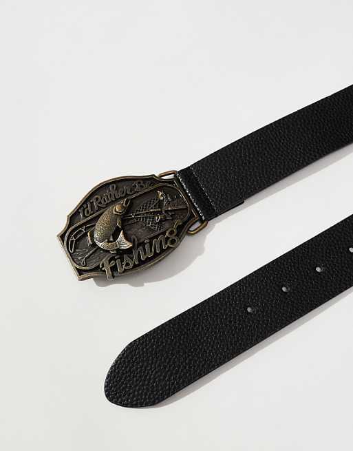 Asos Design Plated Buckle Belt In Black Faux Leather