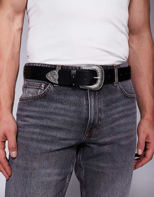 Asos Design Western Belt With Studs And Black Crystal Detailing In Black Faux Leather