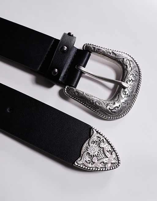 Asos Design Western Belt With Studs And Black Crystal Detailing In Black Faux Leather