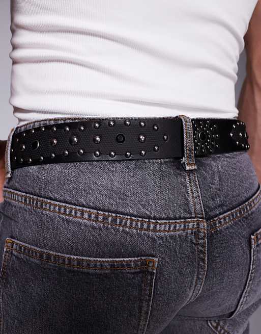 Asos Design Western Belt With Studs And Black Crystal Detailing In Black Faux Leather