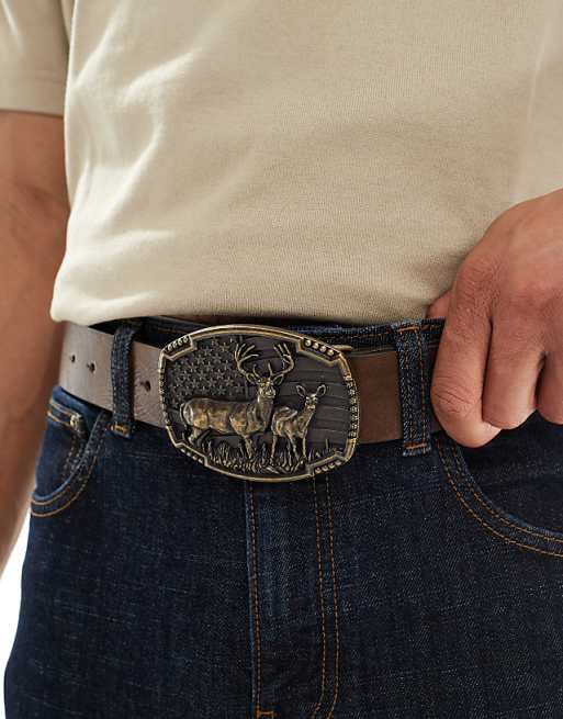 Asos Design Plated Buckle Belt In Brown Faux Leather