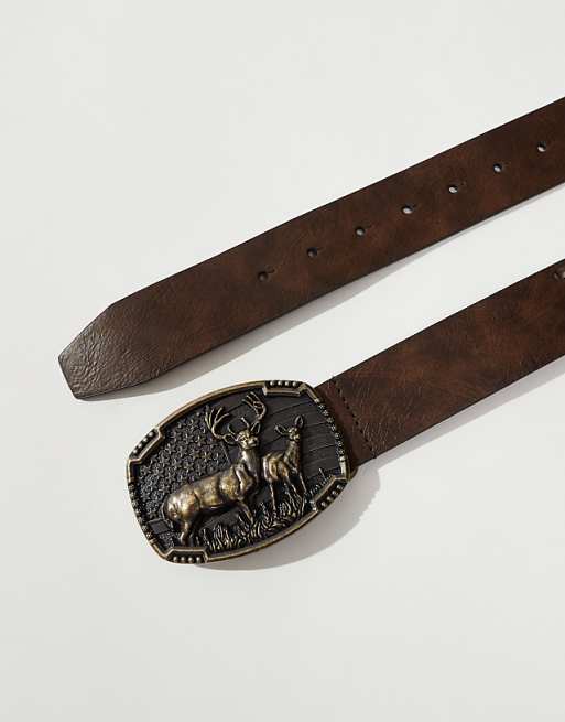 Asos Design Plated Buckle Belt In Brown Faux Leather