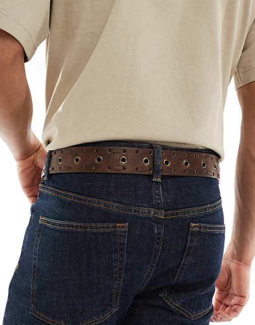 Asos Design Plated Buckle Belt In Brown Faux Leather