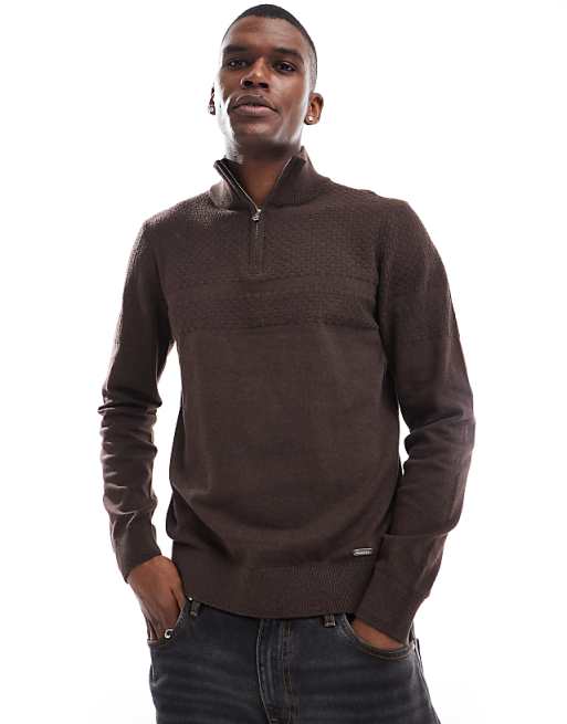Threadbare 1/4 Zip Sweater In Chocolate Brown
