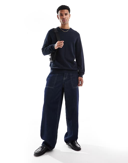 Threadbare Crew Neck Knit Sweater In Navy