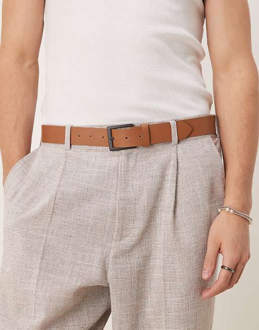 Asos Design Slim Dressy Belt With Contrast Buckle In Tan Faux Leather