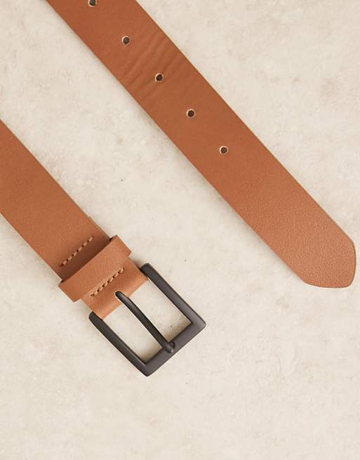 Asos Design Slim Dressy Belt With Contrast Buckle In Tan Faux Leather