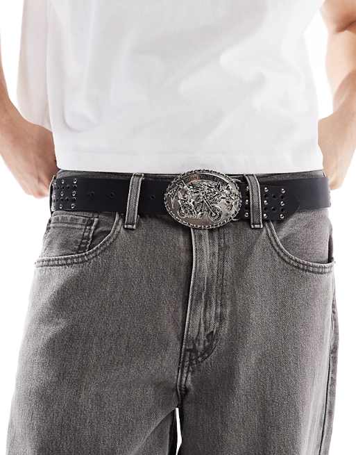 Asos Design Plated Buckle Belt With Studs In Black Faux Leather