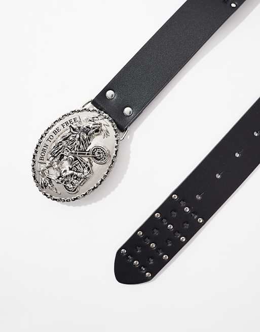 Asos Design Plated Buckle Belt With Studs In Black Faux Leather