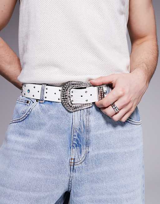Asos Design Western Belt With Crystal Studs In White Mock Croc Faux Leather
