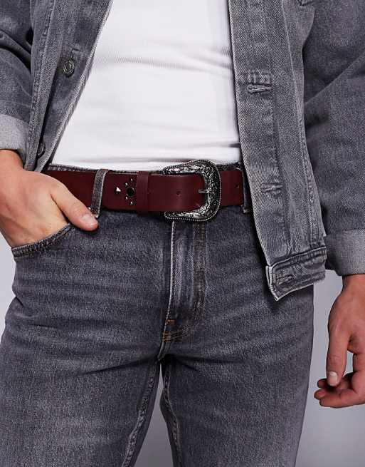 Asos Design Western Belt With Black Crystal Studs In Burgundy Faux Leather