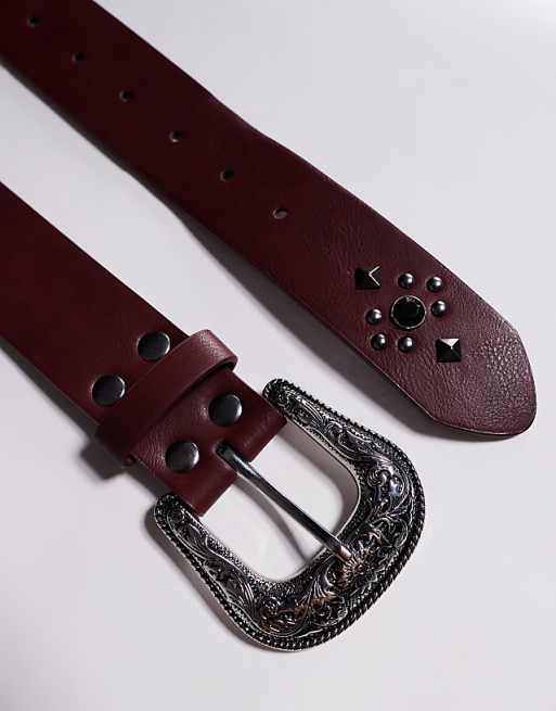 Asos Design Western Belt With Black Crystal Studs In Burgundy Faux Leather