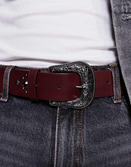 Asos Design Western Belt With Black Crystal Studs In Burgundy Faux Leather