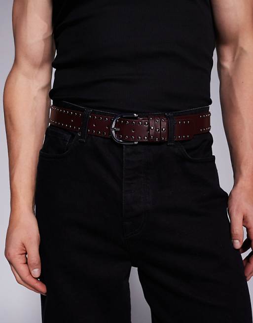 ASOS DESIGN studded belt in burgundy faux leather