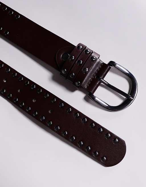 ASOS DESIGN studded belt in burgundy faux leather