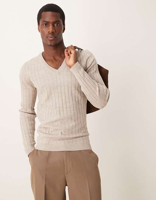 Asos Design Muscle Fit Rib Knit V Neck Sweater In Stone