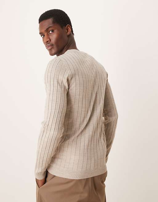 Asos Design Muscle Fit Rib Knit V Neck Sweater In Stone