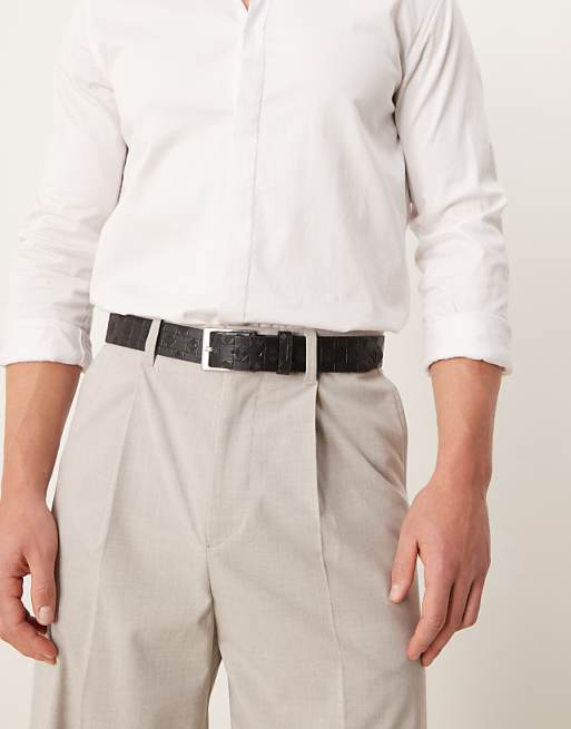 Asos Design Embossed Checkerboard Belt In Black Faux Leather