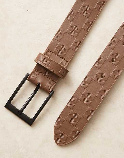 Asos Design Embossed Checkerboard Belt In Brown Faux Leather