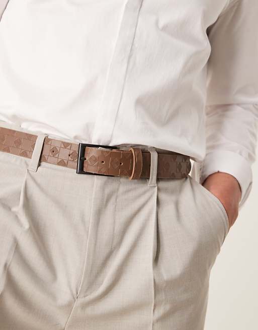 Asos Design Embossed Checkerboard Belt In Brown Faux Leather