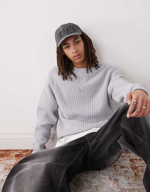 Collusion Knit Crew Neck Sweater In Light Gray