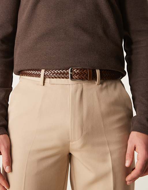 Asos Design Woven Belt In Brown Bonded Leather