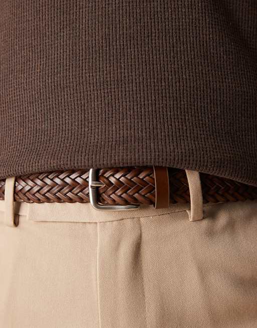 Asos Design Woven Belt In Brown Bonded Leather