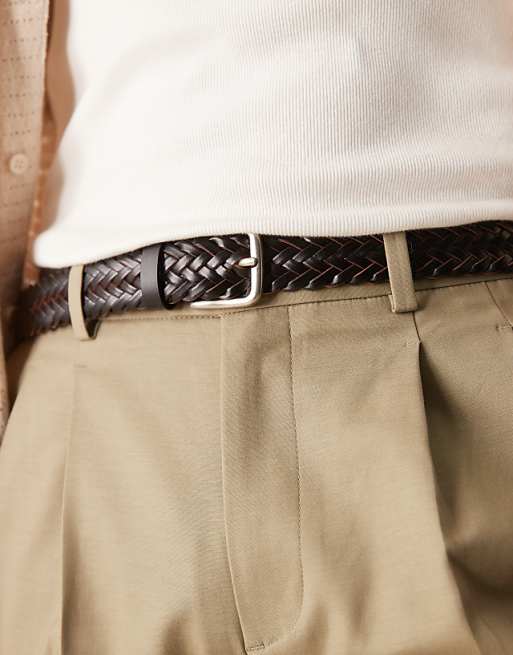 Asos Design Woven Belt In Black Bonded Leather