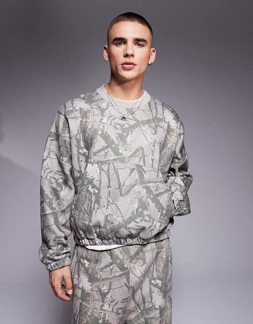 Asos Design Oversized Cropped Sweater With Dropped Shoulder In Camo Print - Part Of A Set