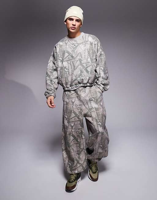 Asos Design Oversized Cropped Sweater With Dropped Shoulder In Camo Print - Part Of A Set