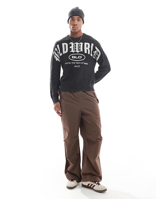 Bershka Washed Ribbed Sweater With Graphic In Charcoal