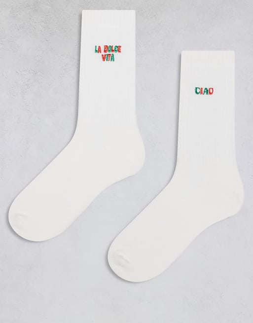 Men ASOS DESIGN 2-pack socks with Ciao and La Dolce Vita graphics in ecru