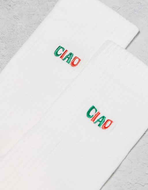 Men ASOS DESIGN 2-pack socks with Ciao and La Dolce Vita graphics in ecru