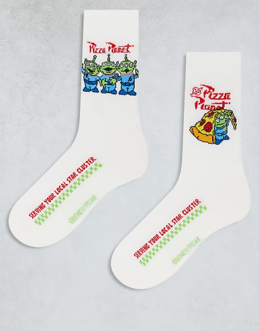 Men ASOS DESIGN 2 pack Disney's Toy Story Pizza Planet socks in ecru
