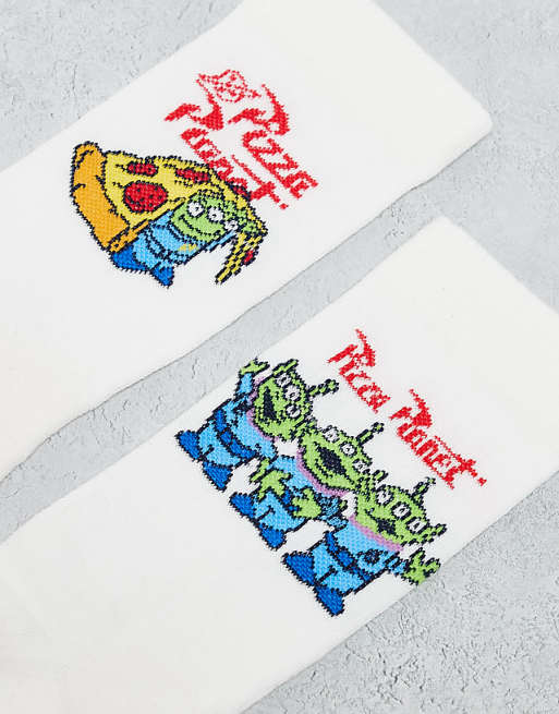 Men ASOS DESIGN 2 pack Disney's Toy Story Pizza Planet socks in ecru