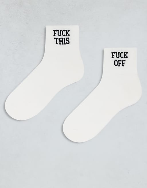 Men ASOS DESIGN 2-pack short socks with Fuck Off graphic in ecru
