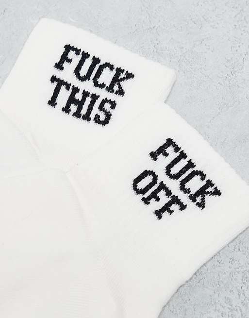 Men ASOS DESIGN 2-pack short socks with Fuck Off graphic in ecru